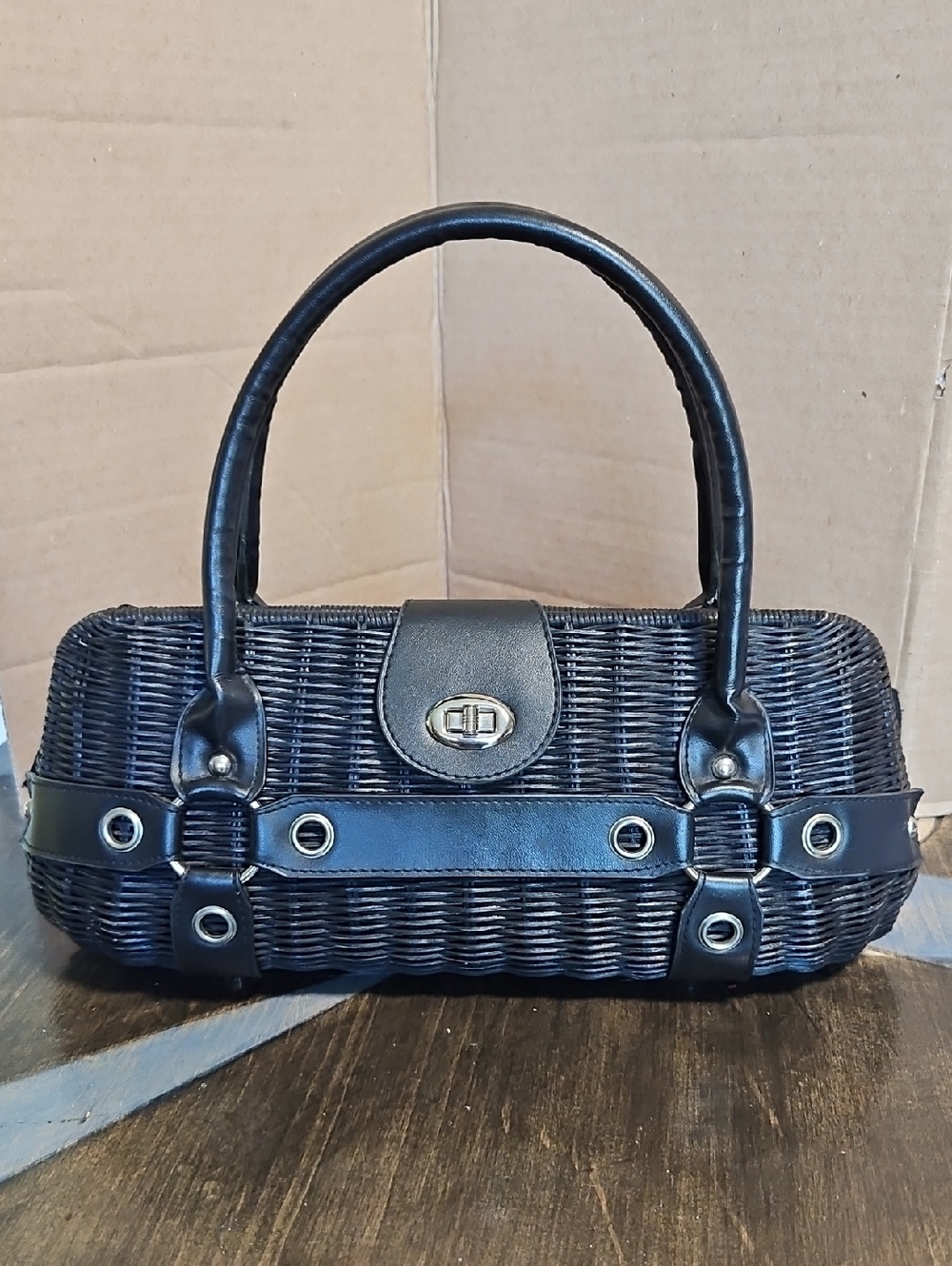 Vtg. Bulaggi Black Wicker Baguette Handbag Satchel Y2K Grommet Hardwear - Picture 3 of 8